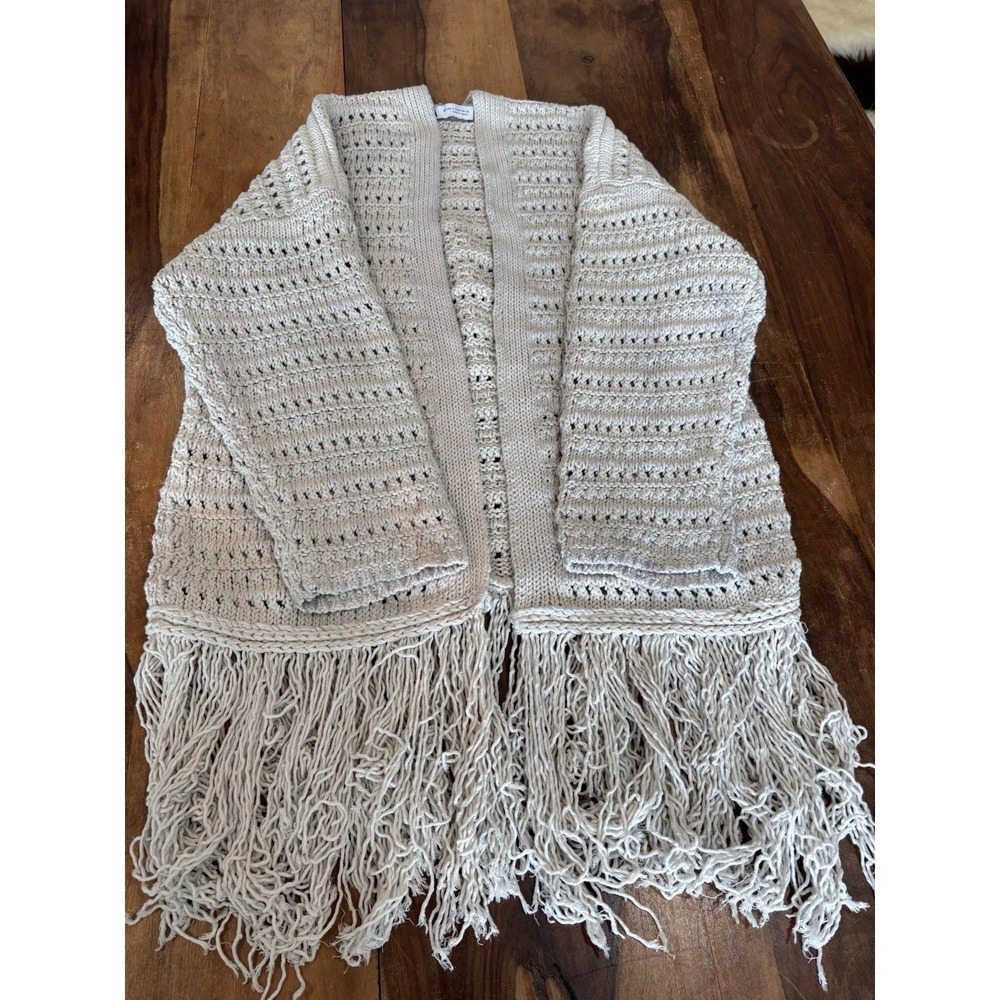 Zara chunky cardigan sweater boho fringe grey women's size small cotton blend‎